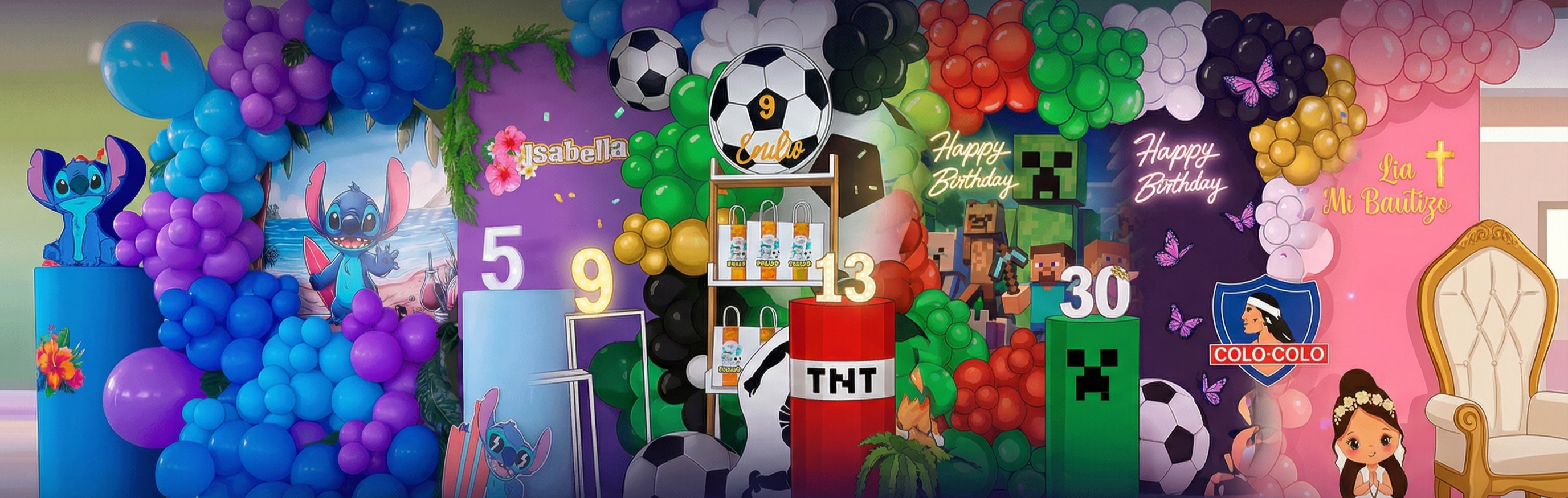 Arreglos de globos coloridos y decoraciones temáticas para fiestas infantiles se presentan en ambientes festivos, tanto interiores como exteriores. La decoración incluye fondos vibrantes, piñatas con forma de personajes de dibujos animados, letreros luminosos con nombres y edades, y accesorios temáticos como tablas de surf y dinosaurios. El ambiente es alegre y creativo, con vibrantes tonos rosa, morado, dorado y azul. El texto visible incluye nombres como Josefa, Olivia, Cristóbal, Agustina y Colomba, además de frases como Baby Shower, Decoración de eventos y. El ambiente general es festivo y alegre, evocando felicidad y entusiasmo para ocasiones especiales.