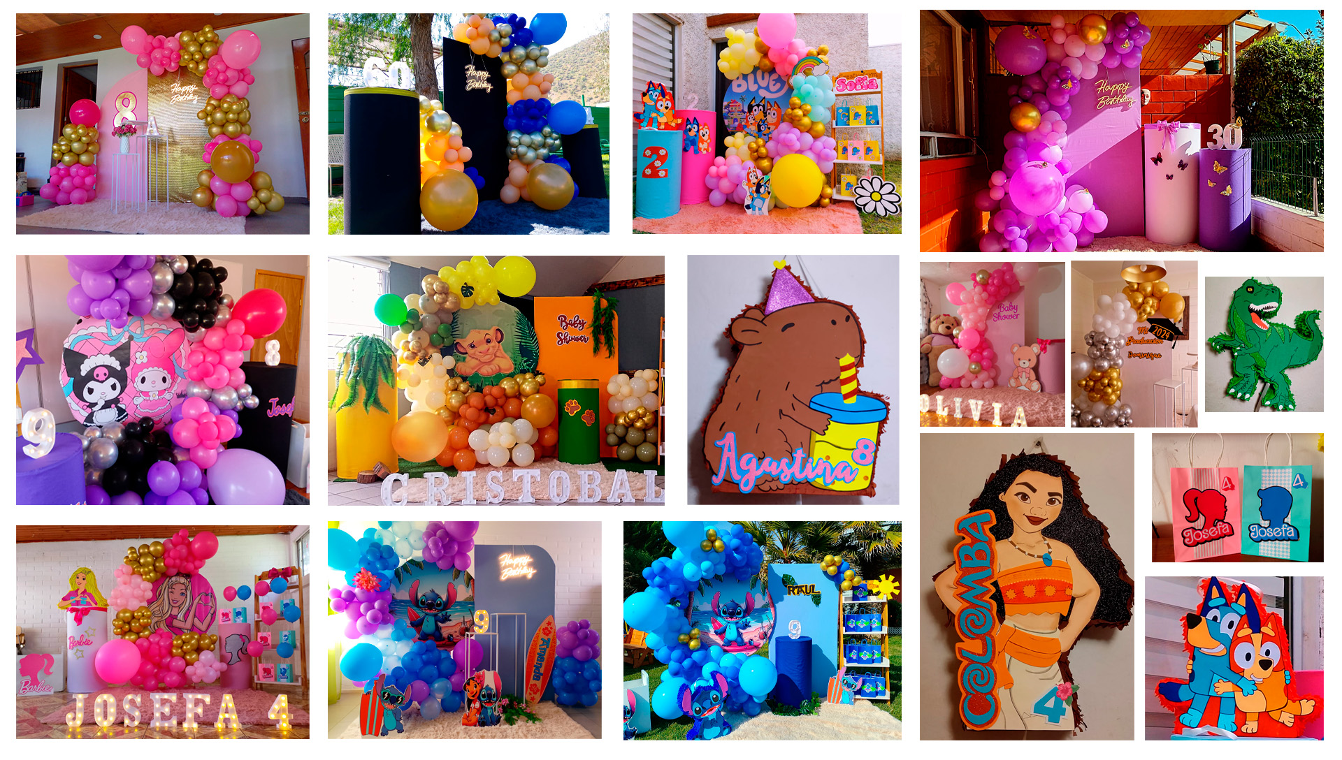 Arreglos de globos coloridos y decoraciones temáticas para fiestas infantiles se presentan en ambientes festivos, tanto interiores como exteriores. La decoración incluye fondos vibrantes, piñatas con forma de personajes de dibujos animados, letreros luminosos con nombres y edades, y accesorios temáticos como tablas de surf y dinosaurios. El ambiente es alegre y creativo, con vibrantes tonos rosa, morado, dorado y azul. El texto visible incluye nombres como Josefa, Olivia, Cristóbal, Agustina y Colomba, además de frases como Baby Shower, Decoración de eventos y. El ambiente general es festivo y alegre, evocando felicidad y entusiasmo para ocasiones especiales.