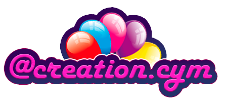 Globos de colores agrupados sobre un texto estilizado y divertido en creation.cym. El diseño utiliza tonos rosa, morado, azul, amarillo y rojo vibrantes con un ambiente festivo y divertido que evoca celebración y creatividad. El fondo es transparente y el logotipo está delineado para enfatizarlo.